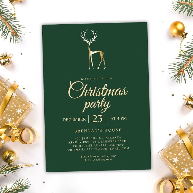 Invitation Green Festive Reindeer Élégante fête de Noël (Green Festive Reindeer Elegant Christmas Party Invitation)