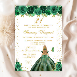 Invitation Green Floral Blonde Cheveux Princesse Anniversaire