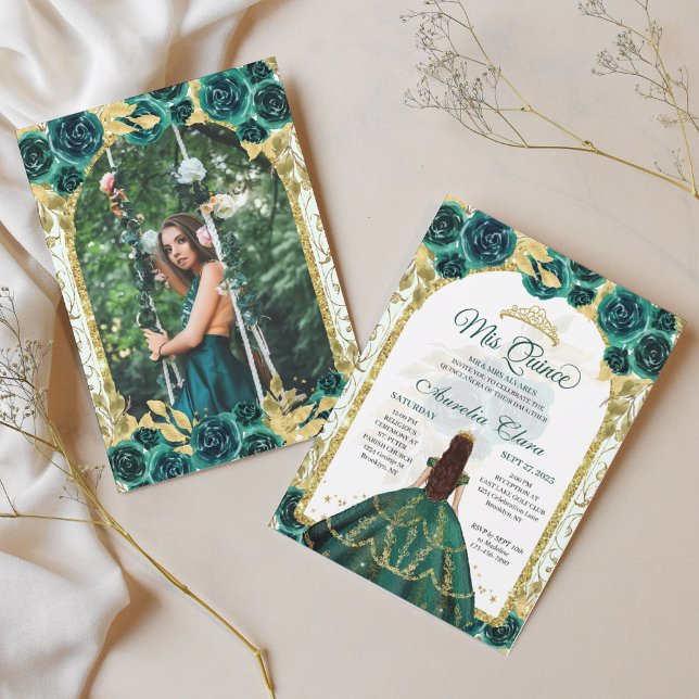 Invitation Green Floral Princess Gold Arch Photo Quinceanera (Créateur téléchargé)
