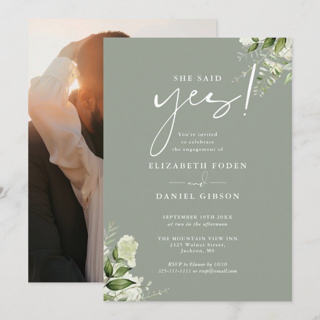 Invitation Green Floral Sage Green Photo Engagement (Devant / Derrière)