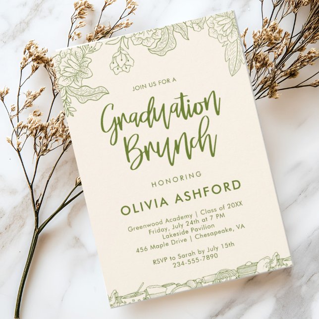 Invitation Green Floral Trendy Brunch graduation (Créateur téléchargé)