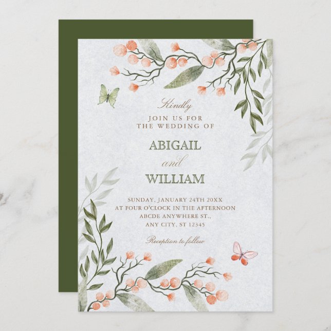 Invitation Green floral wedding  (Devant / Derrière)