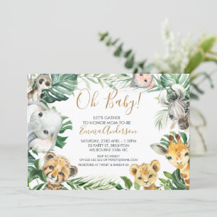 Invitation Green Foliage Verdure Safari Animaux Baby shower