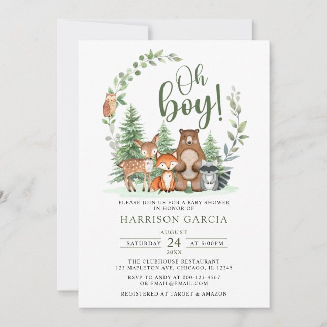 Invitation Green Forest Oh Boy Baby shower des animaux de boi (Devant)