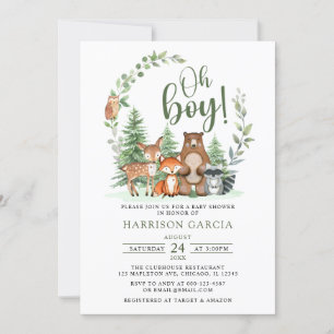 Invitation Green Forest Oh Boy Baby shower des animaux de boi
