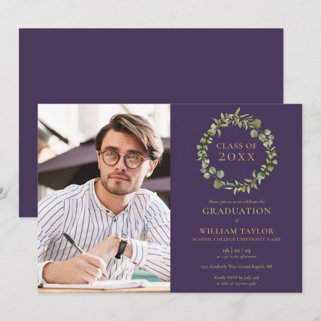 Invitation Green Garland Purple Photo Party Inv (Devant / Derrière)
