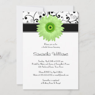 Invitation Green Gerbera Daisy Black Scroll Fête de l'mariée