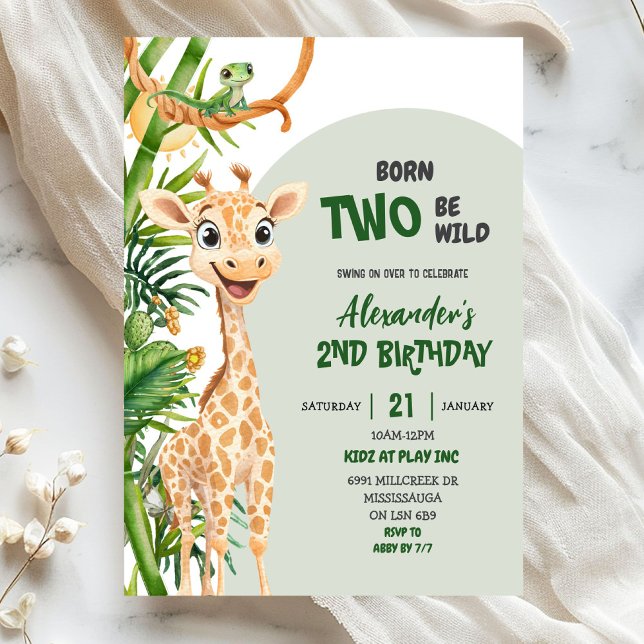 Invitation Green Giraffe Born Two Wild Safari Second Birthday (Créateur téléchargé)