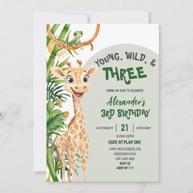 Invitation Green Giraffe Young Wild Three Third Birthday (Devant)