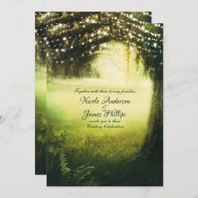 Invitation Green Glow Forest & String Lumières Russe Mariage (Devant / Derrière)