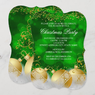 Invitation Green Gold Baubles White Noël