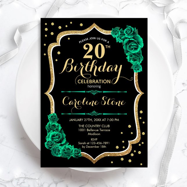 Invitation Green Gold Black Floral 20e anniversaire (Créateur téléchargé)