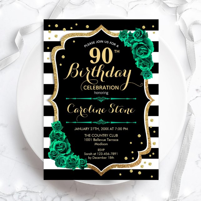Invitation Green Gold Black & White Stripes 90e anniversaire (Créateur téléchargé)