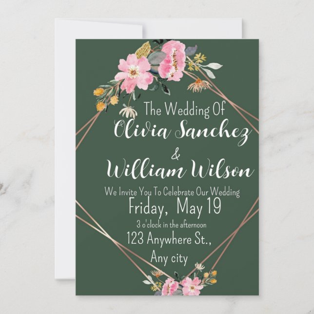 Invitation Green Gold Blush Pink Country Wedding  (Devant)
