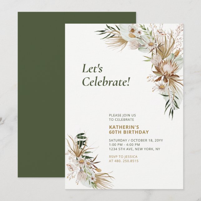 Invitation Green & Gold Boho Milestone Adult Anniversaire Par (Devant / Derrière)