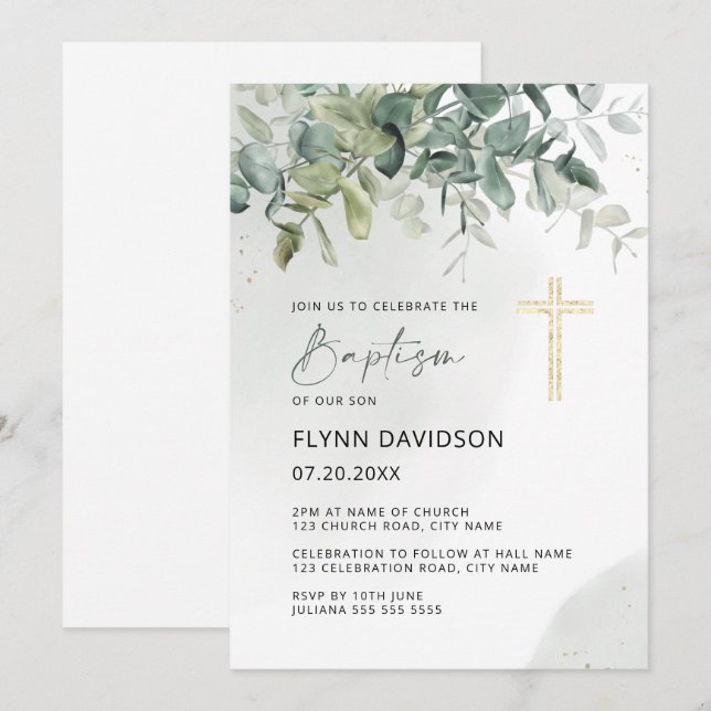 Invitation Green & Gold Cross Verdure Baptême Christening (Devant / Derrière)