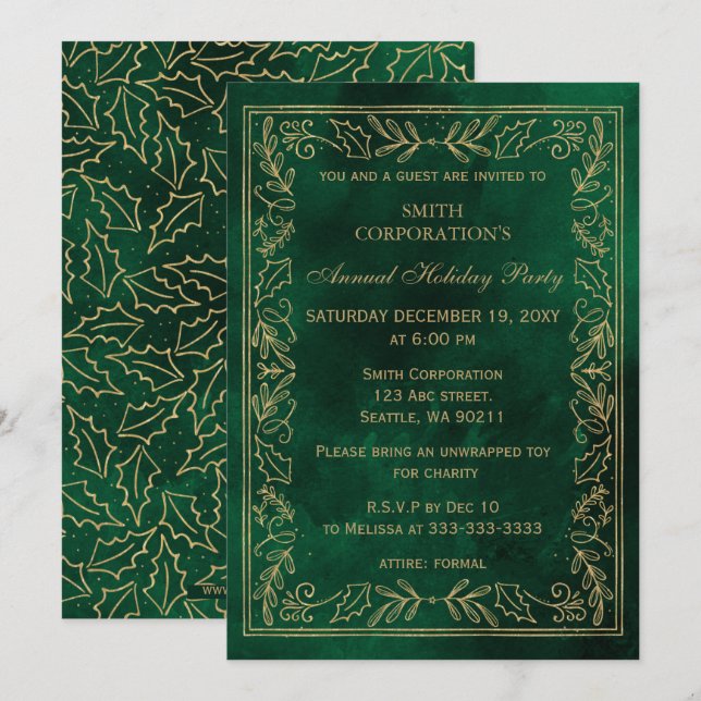 Invitation Green Gold Elegant Corporate Holiday Party (Devant / Derrière)