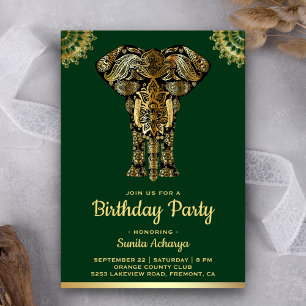 Invitation Green Gold Elephant Indian Birthday Party