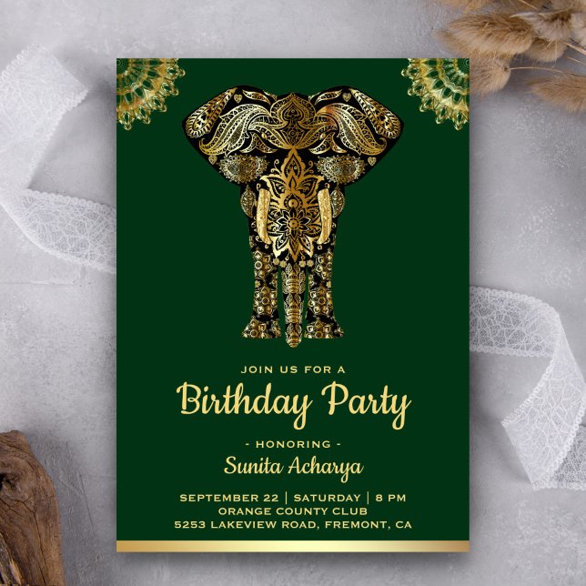 Invitation Green Gold Elephant Indian Birthday Party (Créateur téléchargé)