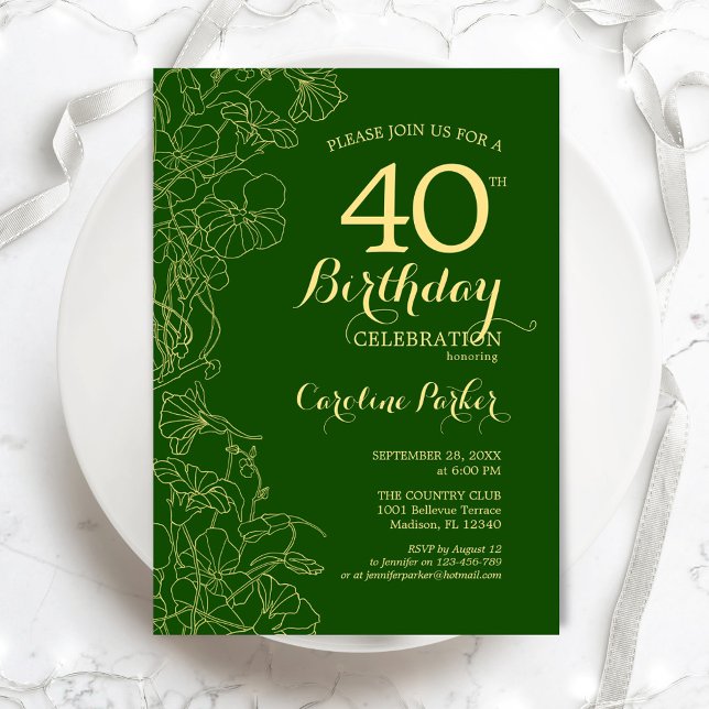 Invitation Green Gold Floral 40e fête d'anniversaire (Créateur téléchargé)