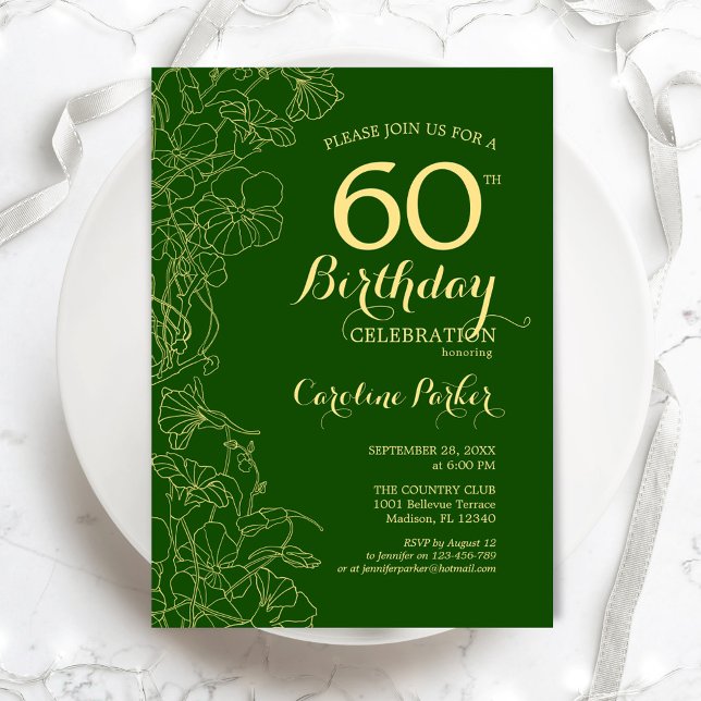 Invitation Green Gold Floral 60e fête d'anniversaire (Créateur téléchargé)