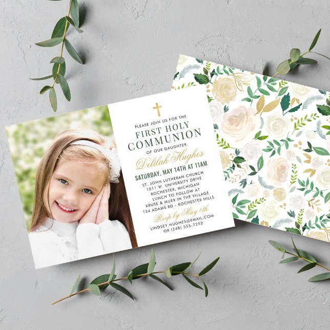 Invitation Green Gold Floral First Holy Communion Girl Photo (Créateur téléchargé)