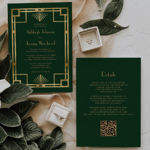 Invitation Green Gold Geo Vintage 1920s Déco QR Code Mariage