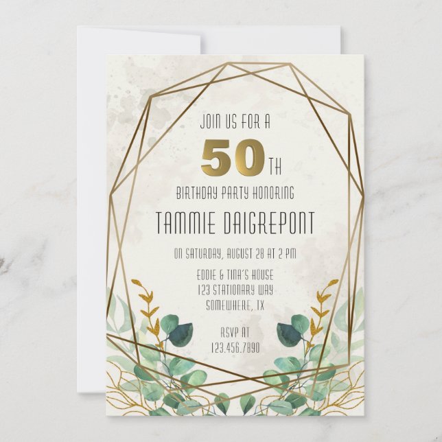 Invitation Green Gold Greenery Géométrique 50e fête d'anniver (Devant)