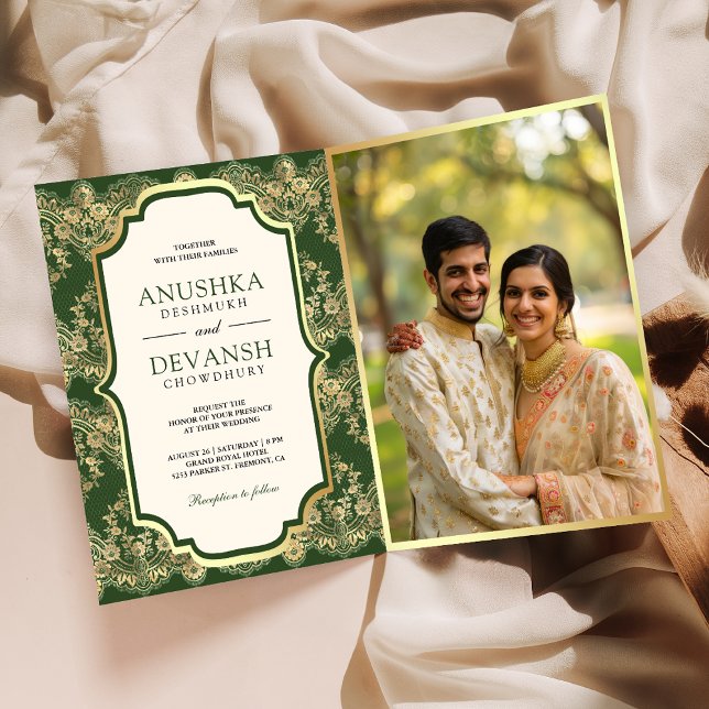 Invitation Green Gold Lace QR Code Photo Mariage indien (Créateur téléchargé)