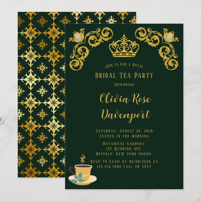 Invitation Green & Gold Royal Crown Damask Bride Tea Party (Devant / Derrière)