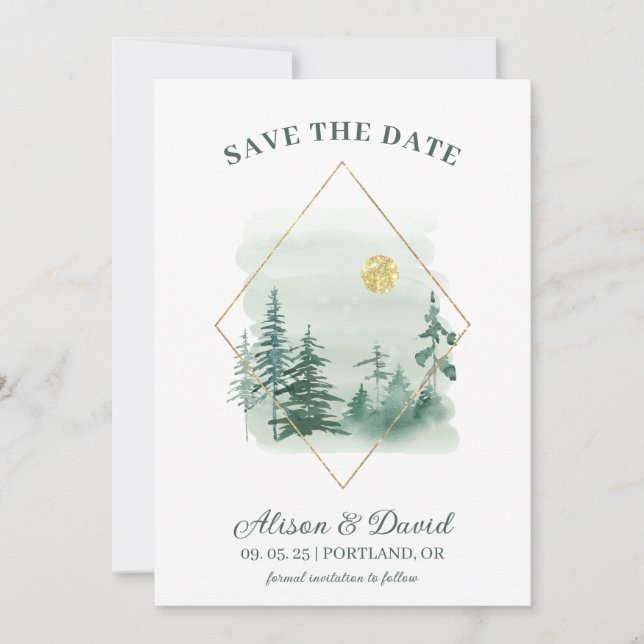 Invitation Green Gold Rustic Pine Trees Mariage Enregistrer l (Devant)