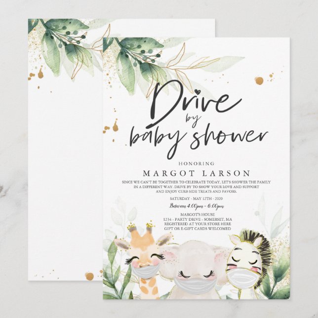 Invitation Green Gold Safari Animaux Conduite Par Baby shower (Devant / Derrière)