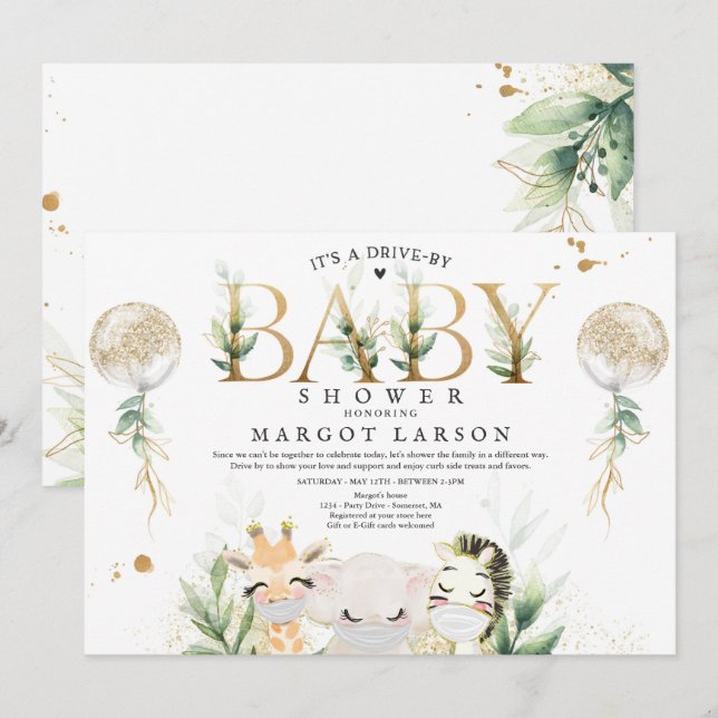 Invitation Green Gold Safari Animaux Conduite Par Baby shower (Devant / Derrière)