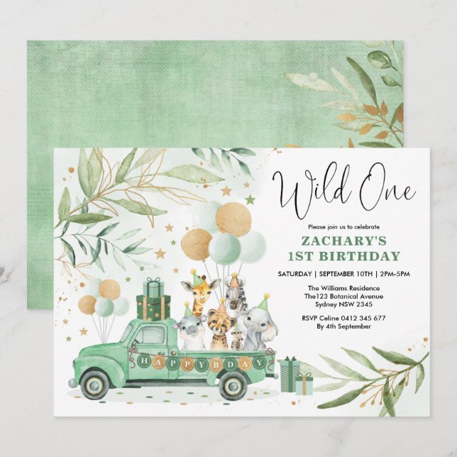 Invitation Green Gold Safari Animaux sauvages 1er anniversair (Devant / Derrière)