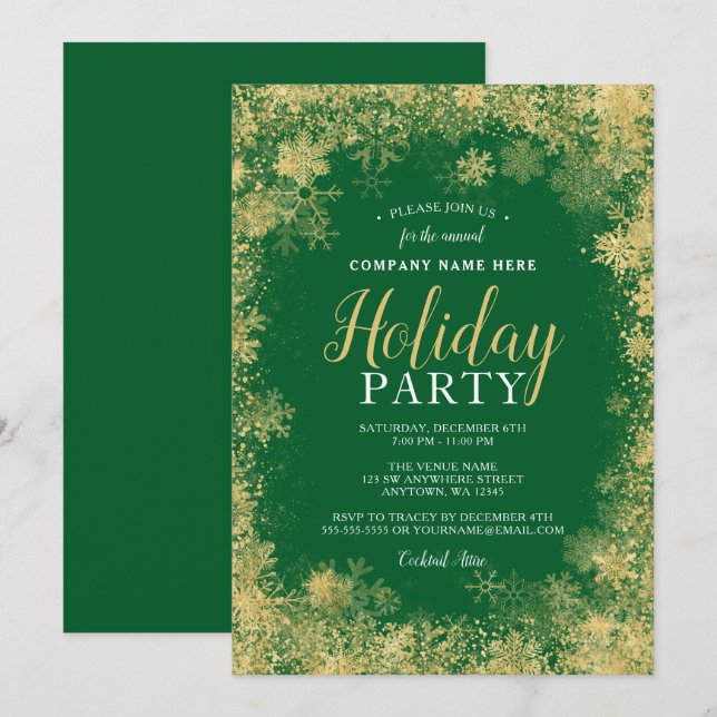 Invitation Green Gold Snowflake Corporate Holiday Party (Devant / Derrière)
