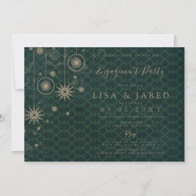 Invitation Green Gold Snowflakes Winter Engagement Party (Devant)