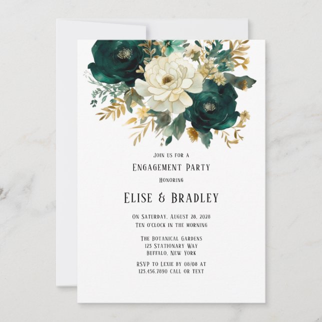 Invitation Green Gold White Botanical Floral Engagement Party (Devant)