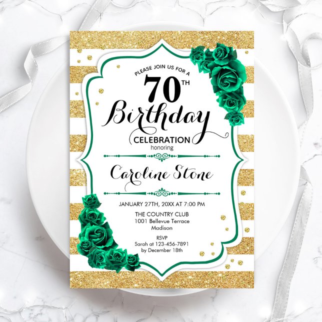 Invitation Green Gold White Stripes Rose 70e anniversaire (Créateur téléchargé)