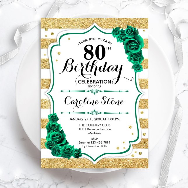 Invitation Green Gold White Stripes Rose 80e anniversaire (Créateur téléchargé)