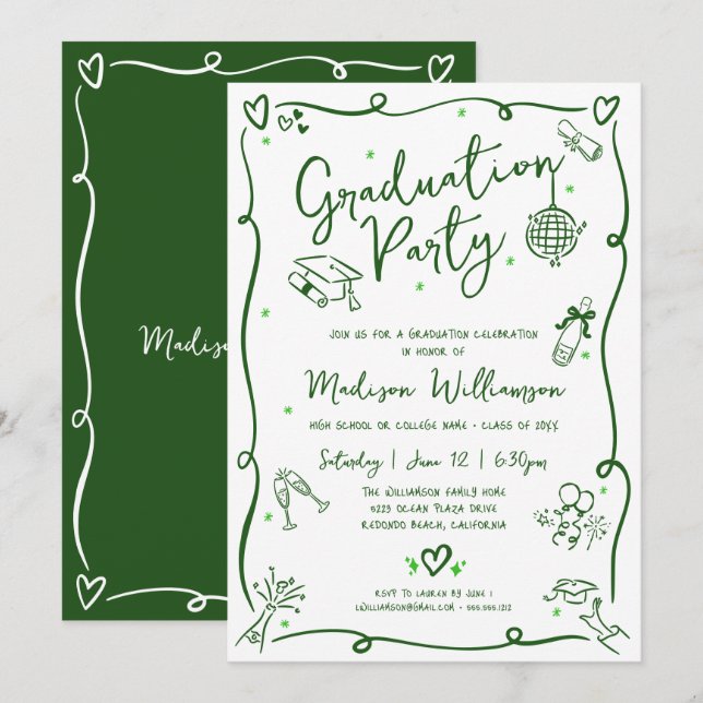 Invitation Green Hand Drawn Doodle Graduation Fun White Party (Devant / Derrière)