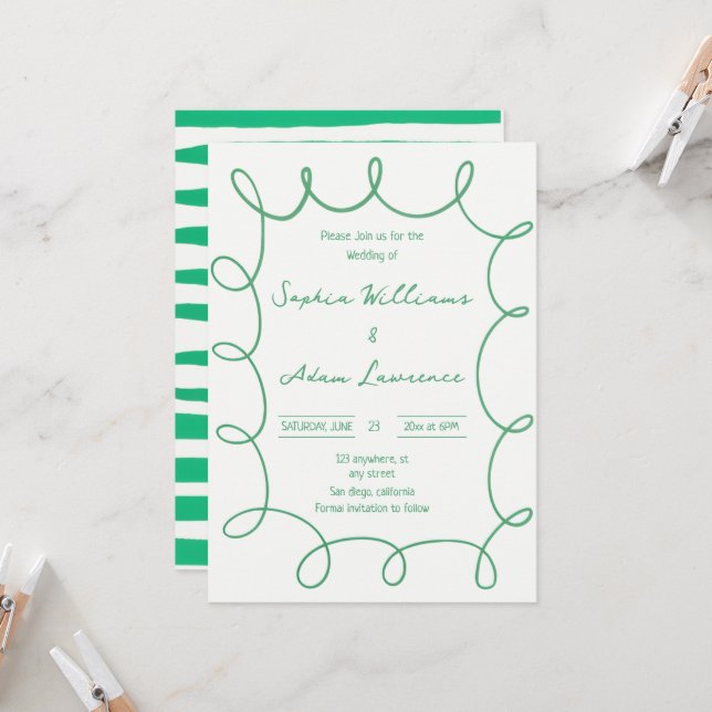 Invitation Green Hand Written Pinstripe Whimsical Wedding (Devant/Arrière en situation)