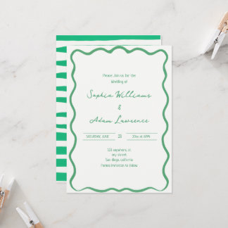 Invitation Green Hand Written Pinstripes Whimsical Wedding