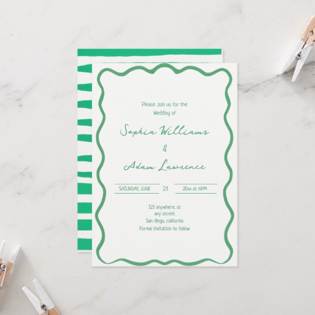 Invitation Green Hand Written Pinstripes Whimsical Wedding (Devant/Arrière en situation)