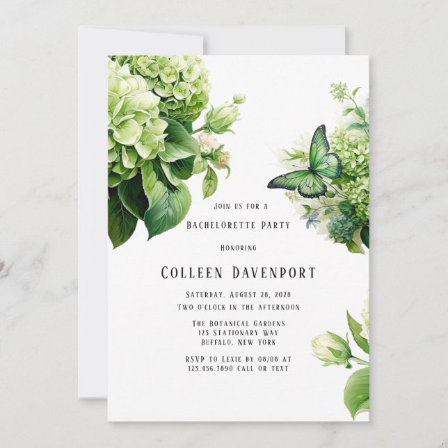 Invitation Green Hydrangea Butterfly Bachelorette (Devant)