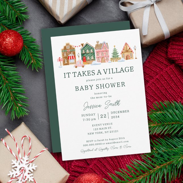 Invitation Green Il Faut Un Baby shower De Noël Village (Green It Takes A Village Christmas Baby Shower Invitation
)