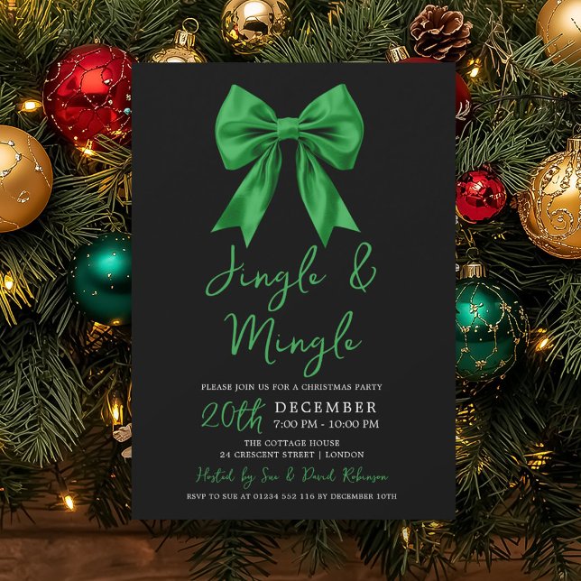 Invitation Green Jingle & Mingle Christmas Party Bow Black  (Green Jingle & Mingle Christmas Party Bow Black Invitation)