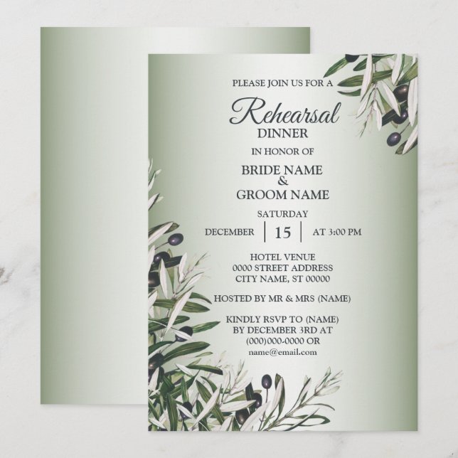 Invitation Green Leaves Black Olive Rehearsal Dinner Party (Devant / Derrière)