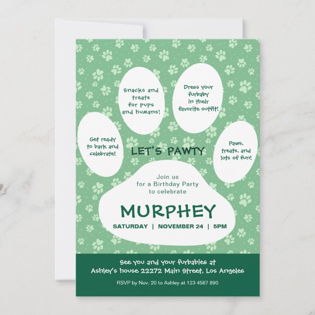 Invitation Green Let’s Pawty, Empreinte de patte (Devant)