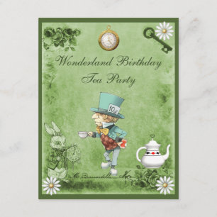 Invitation Green Mad Hatter Wonderland Birthday Tea Party