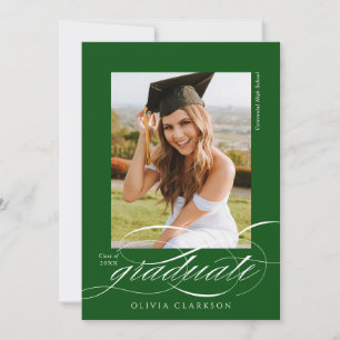 Invitation Green Modern Élégant Script Photo Graduation Party